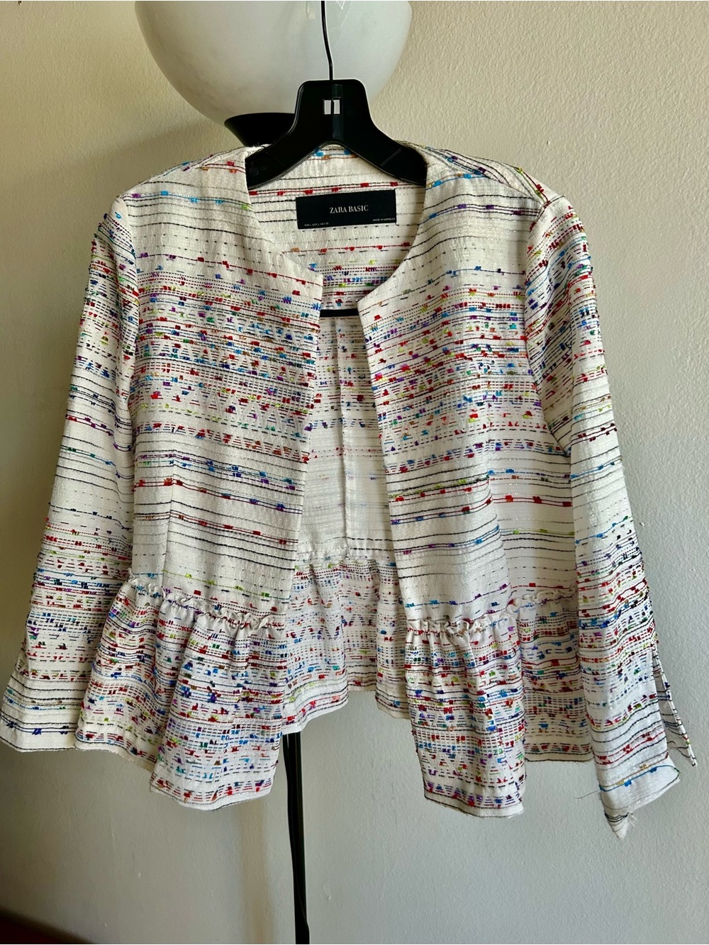 Zara White Tweed Jacket with Multicolor Thread Detail